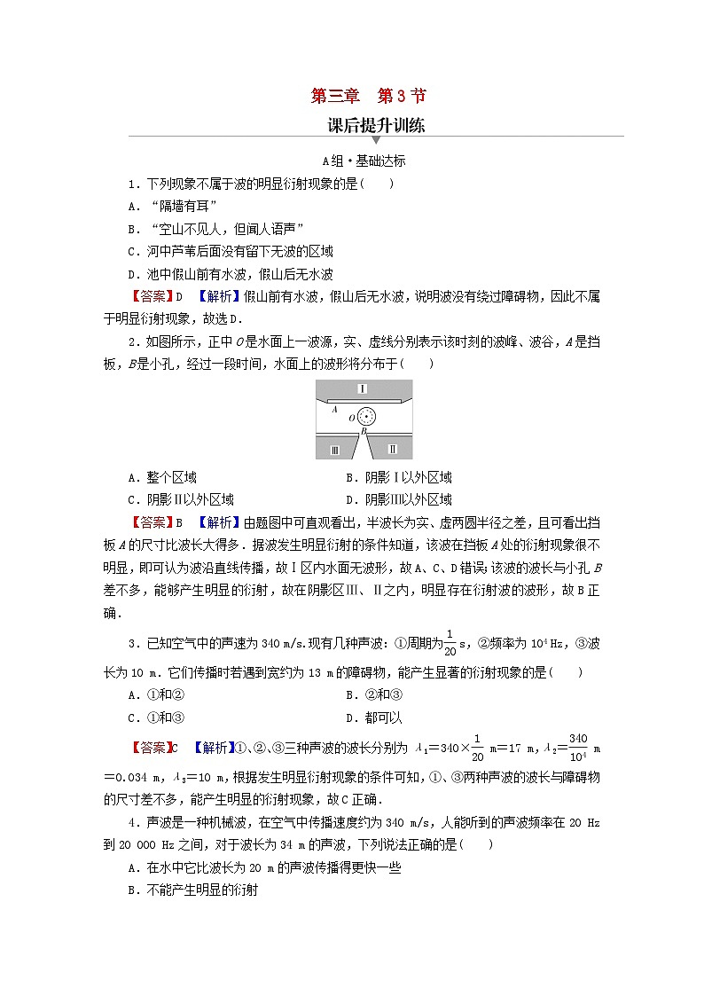 2023年新教材高中物理第3章机械波第3节机械波的传播现象课后提升训练粤教版选择性必修第一册01