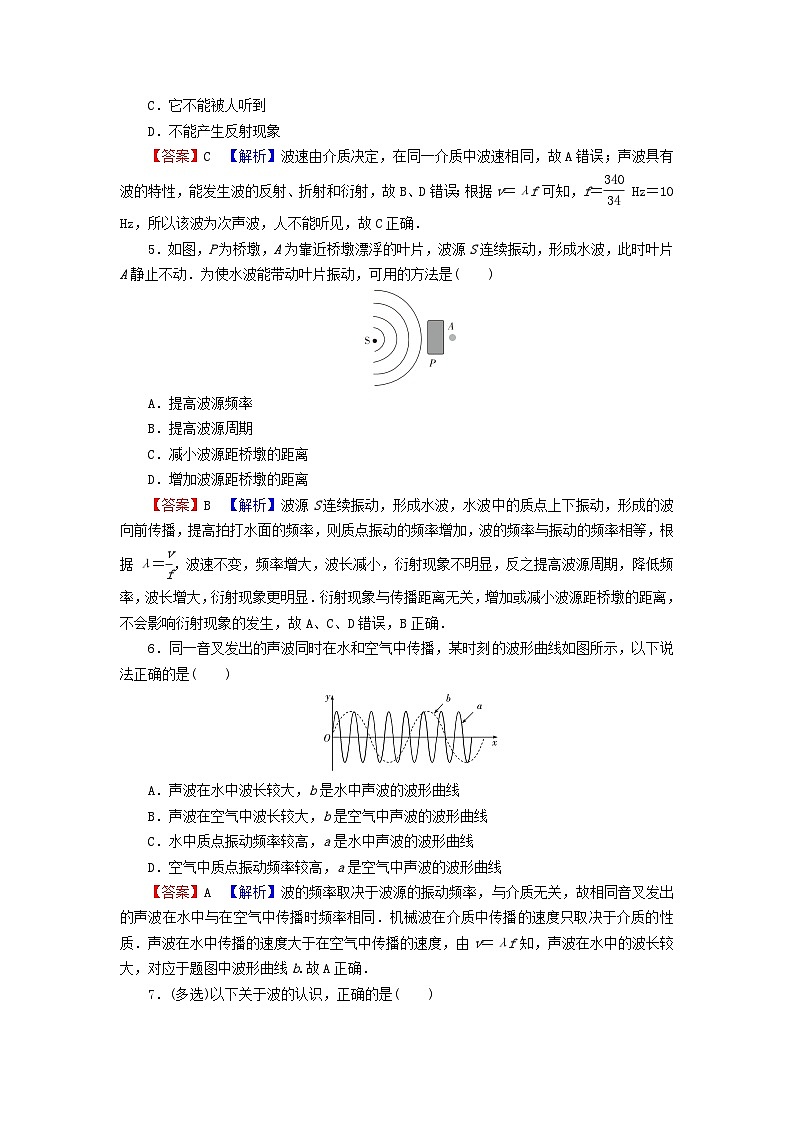 2023年新教材高中物理第3章机械波3波的反射折射和衍射课后提升训练新人教版选择性必修第一册02