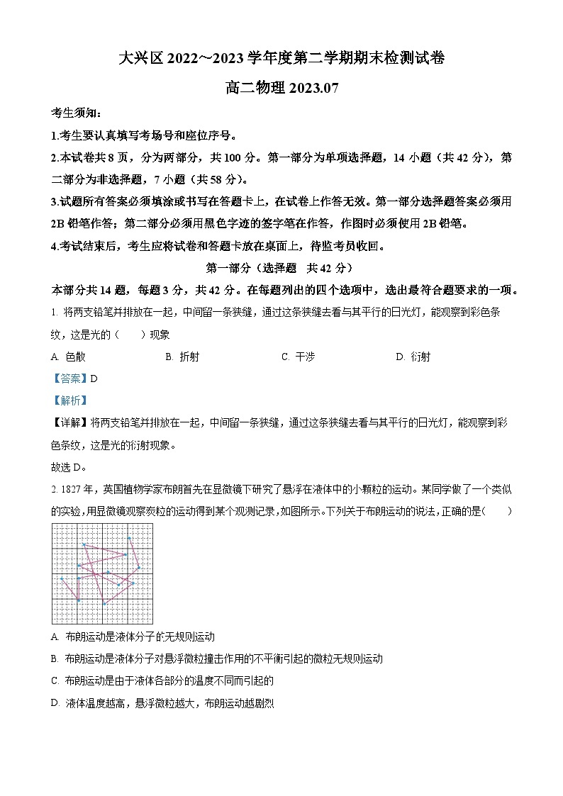 精品解析：北京市大兴区2022-2023学年高二下学期期末物理试题（解析版）01
