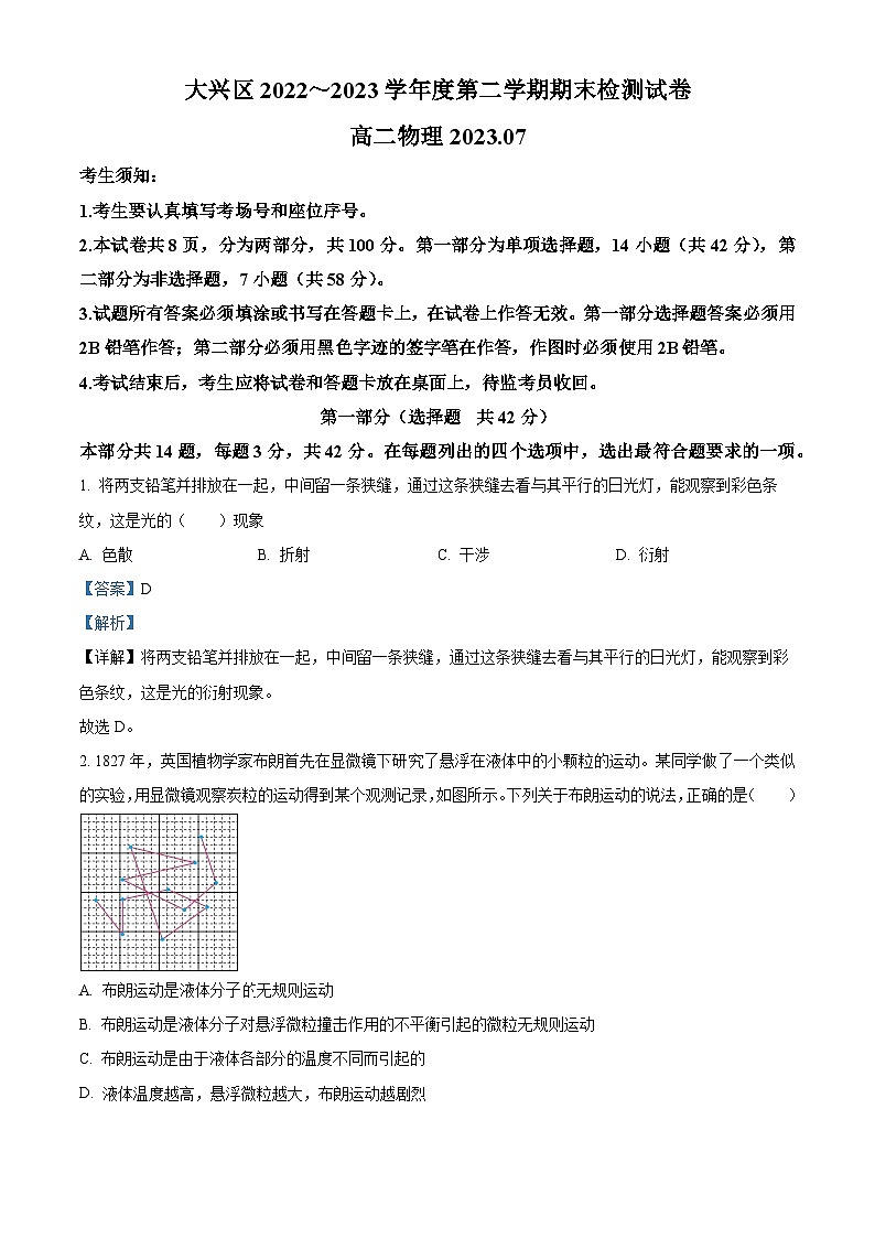 精品解析：北京市大兴区2022-2023学年高二下学期期末物理试题（解析版）01