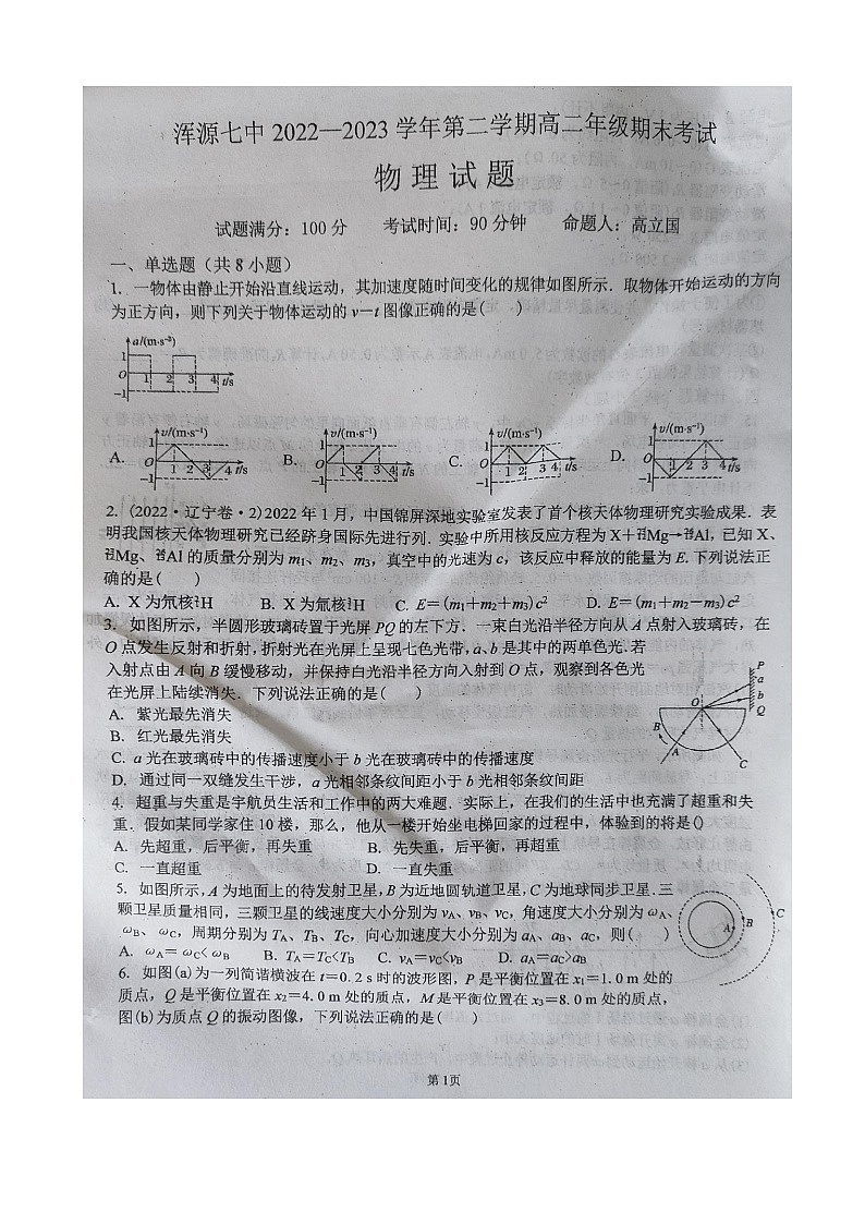 山西省大同市浑源县第七中学校2022-2023学年高二下学期期末考试物理试题第1页