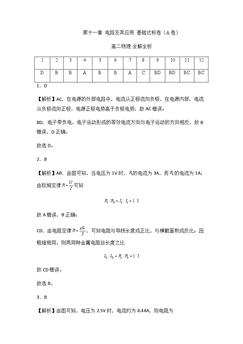 第十一章 电路及其应用 基础达标卷（A卷）-【单元测试】2023-2024学年高二物理分层训练AB卷（人教版2019必修第三册）01
