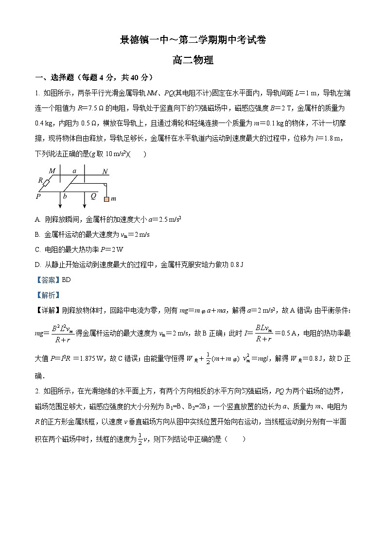 精品解析：江西省景德镇一中高二下学期期中物理试题（17班）01