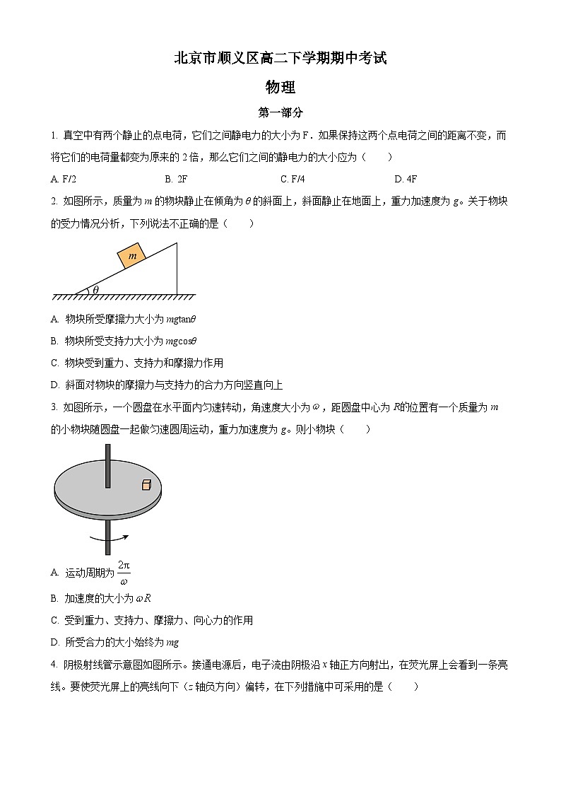 精品解析：北京市顺义区高二下学期期中物理试题（原卷版）第1页