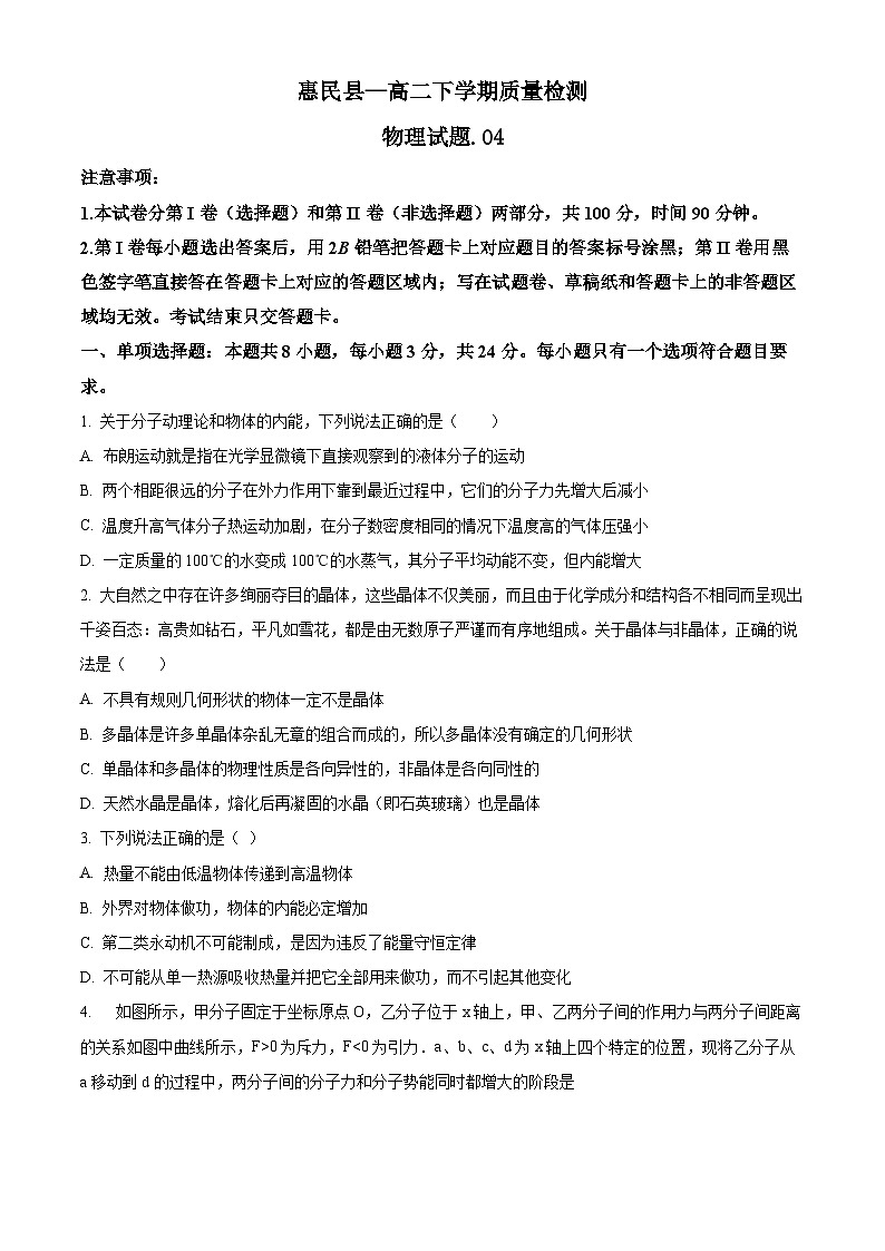 精品解析：上海市惠民县高二下学期期中质量检测物理试题01