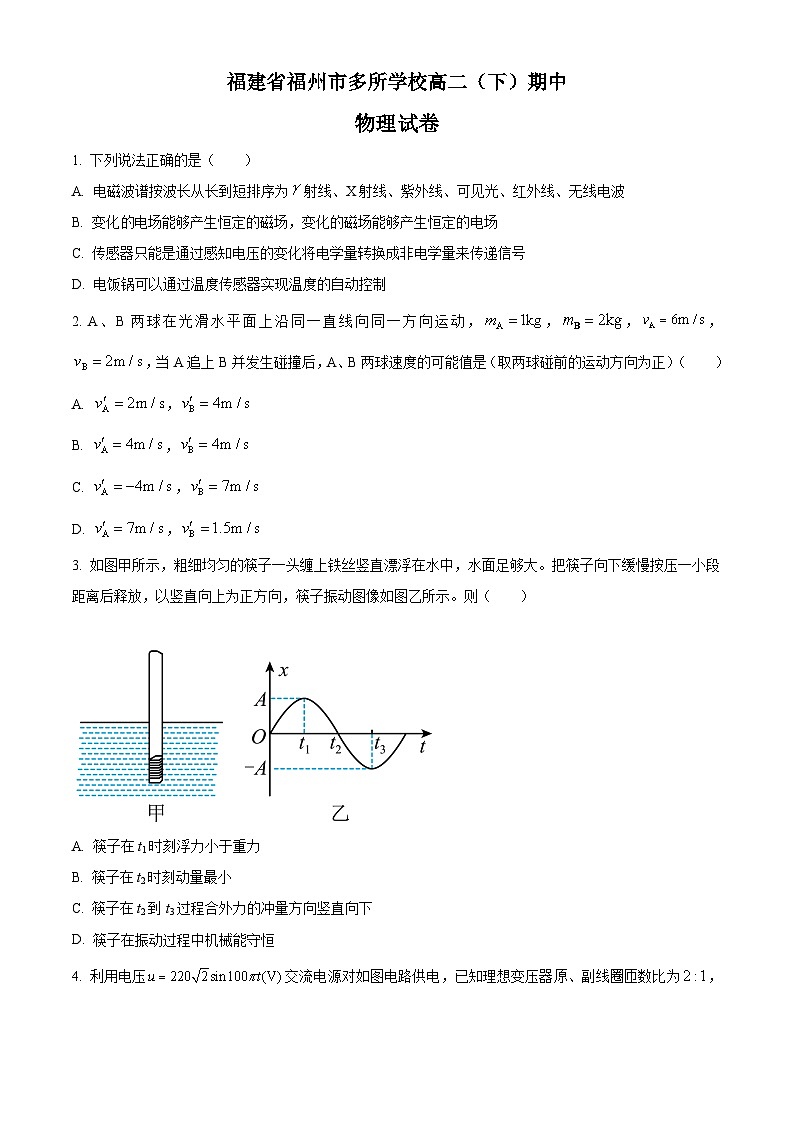 精品解析：福建省福州市多所学校高二下学期期中联考物理试题（原卷版）第1页