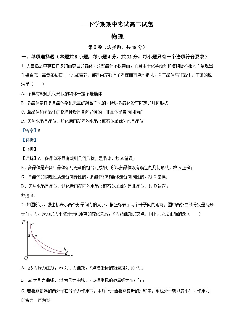 精品解析：辽宁省部分学校高二下学期期中物理试题01