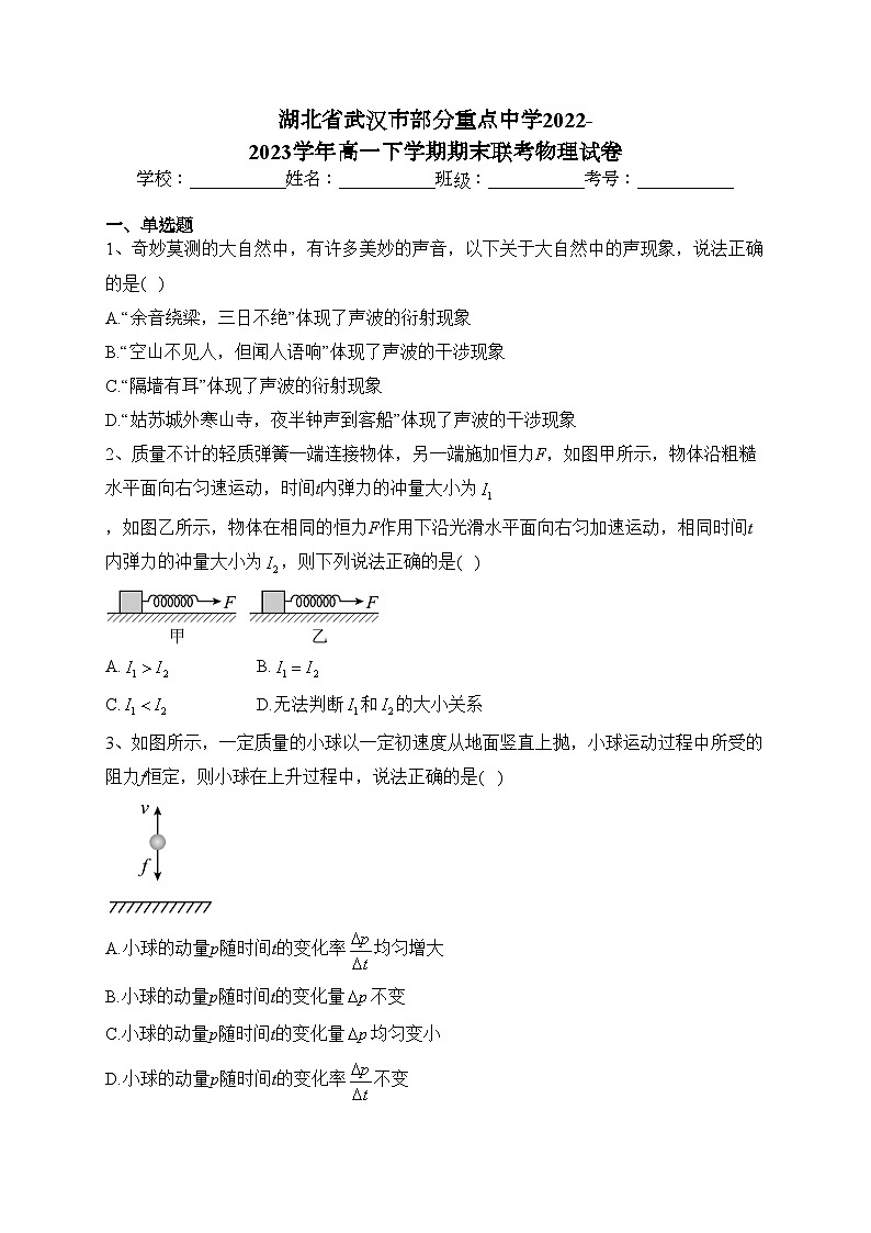 湖北省武汉市部分重点中学2022-2023学年高一下学期期末联考物理试卷（含答案）01