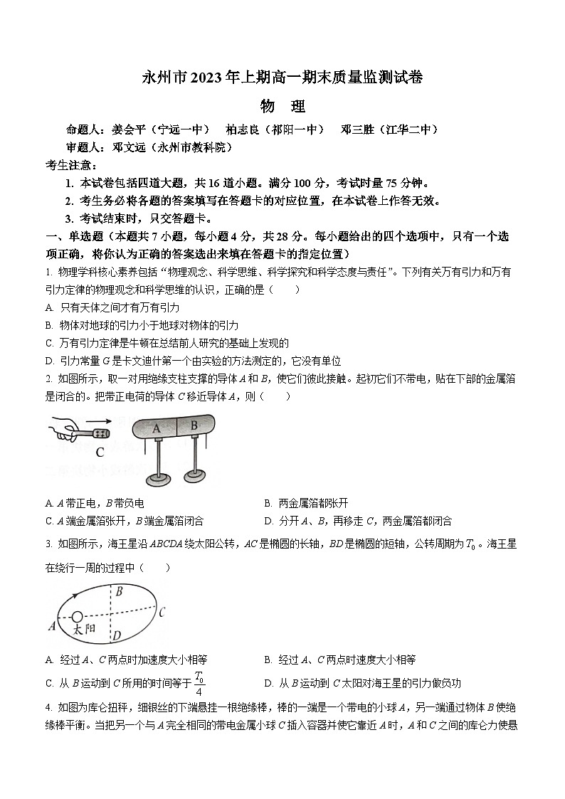 湖南省永州市2022-2023学年高一下学期期末质量检测物理试题第1页