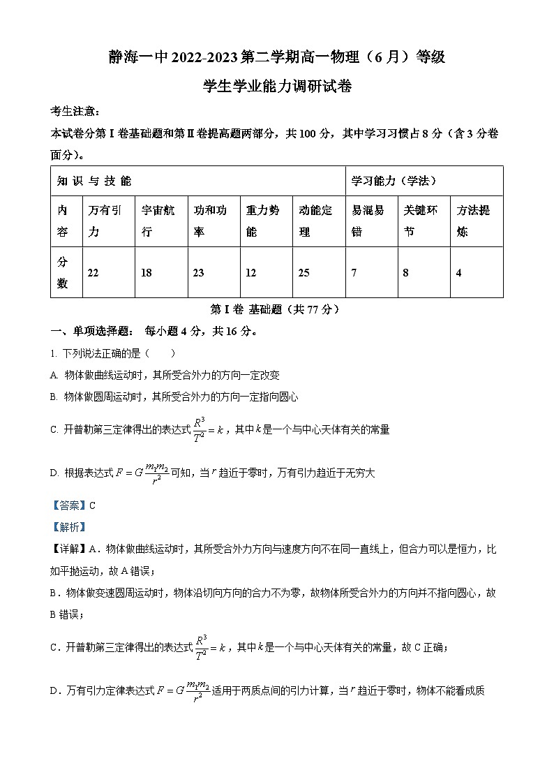 精品解析：天津市静海区第一中学2022-2023学年高一下学期6月（等级班）学生学业能力调研物理试题（解析版）01