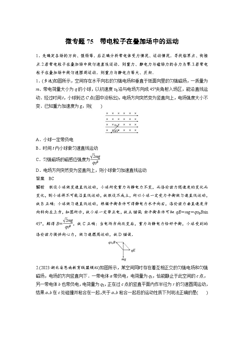 (新高考)高考物理一轮复习课时加练第11章　微专题75　带电粒子在叠加场中的运动 (含解析)01