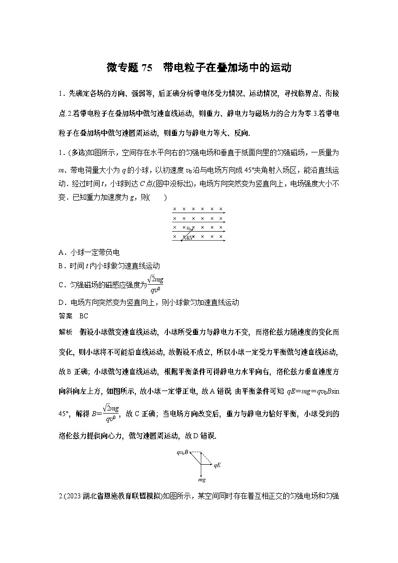 高考复习 第十一章微专题75 带电粒子在叠加场中的运动试卷第1页