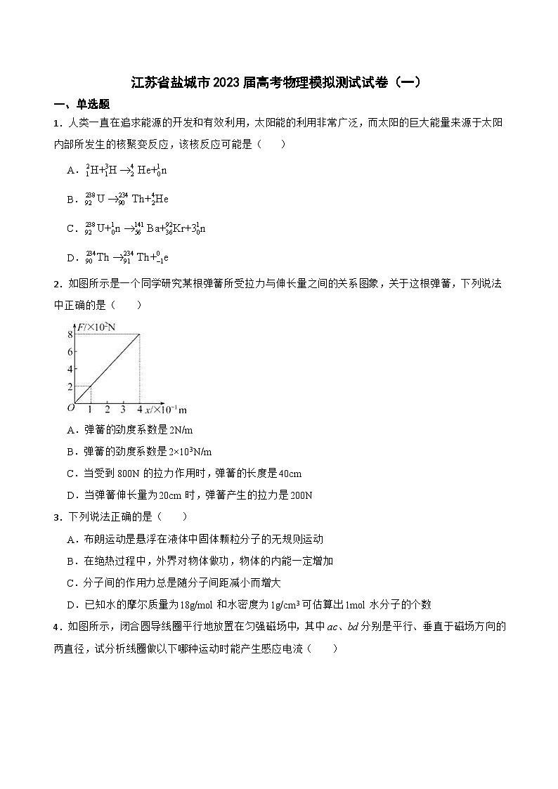 江苏省盐城市2023届高考物理模拟测试试卷二 (含答案)第1页