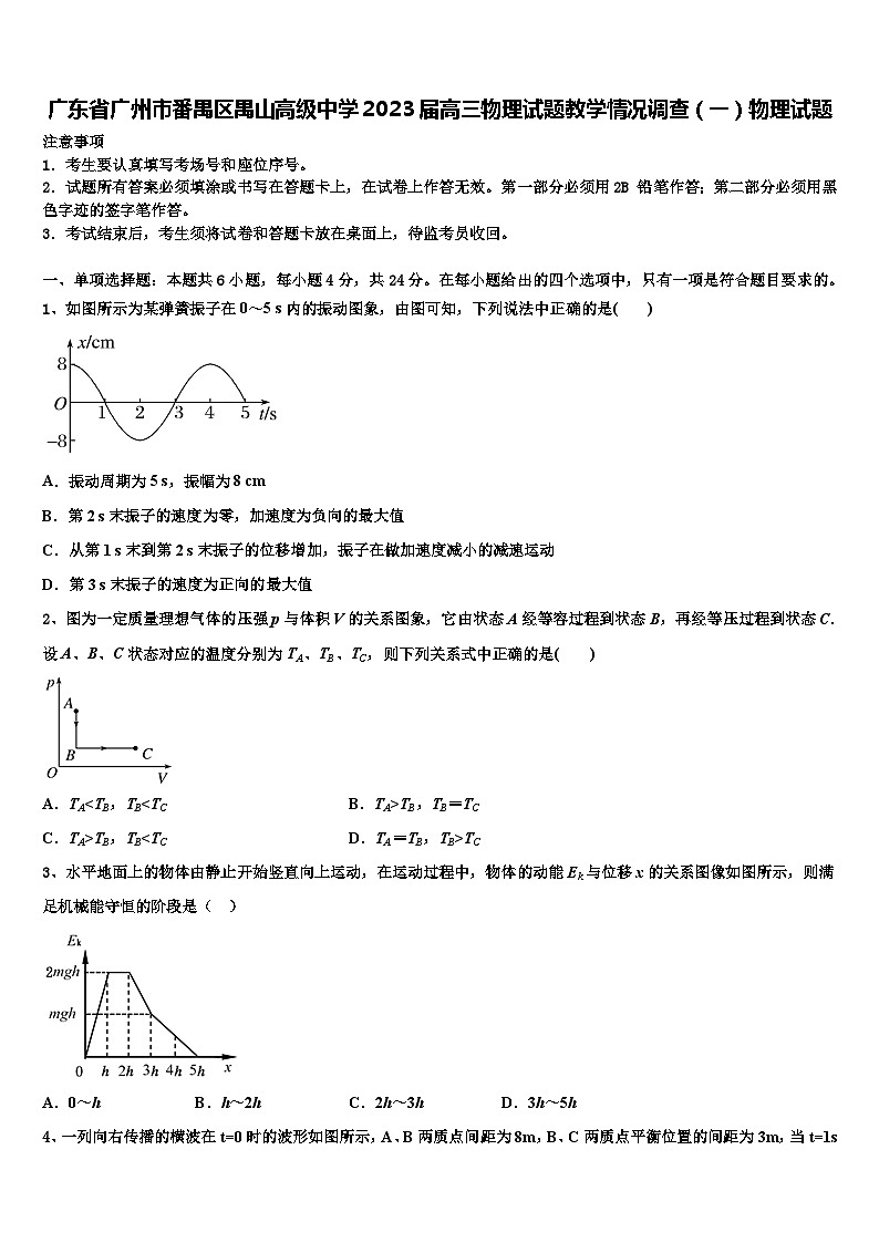 广东省广州市番禺区禺山高级中学2023届高三物理试题教学情况调查（一）物理试题第1页