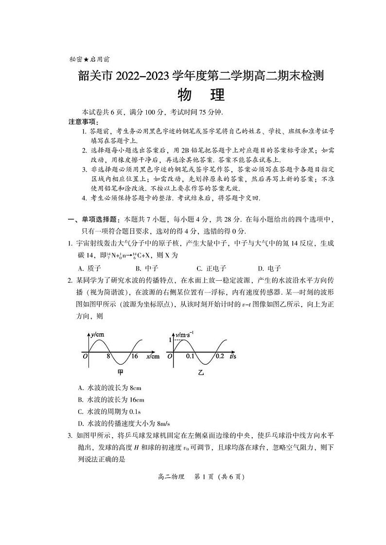 广东省韶关市2022-2023学年高二下学期期末考试物理试题01