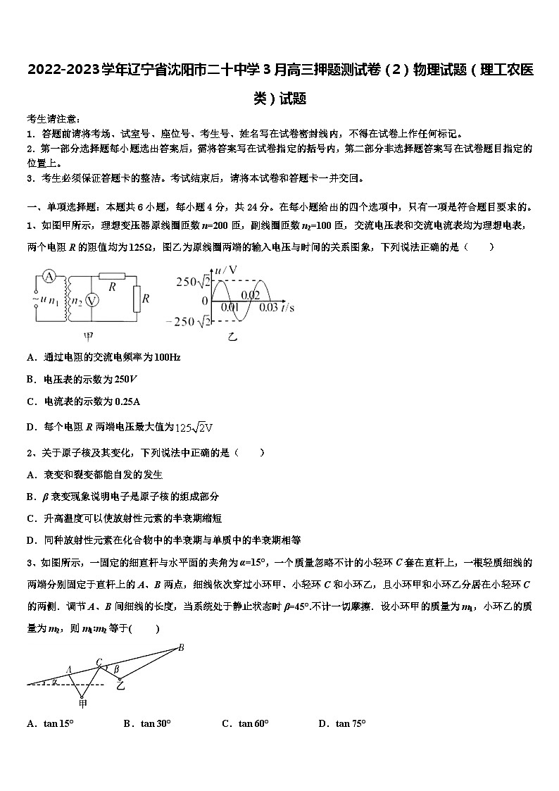 2022-2023学年辽宁省沈阳市二十中学3月高三押题测试卷（2）物理试题（理工农医类）试题第1页