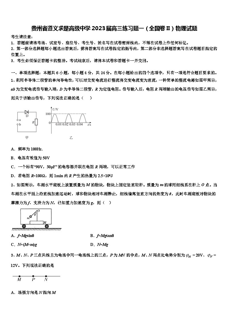 贵州省遵义求是高级中学2023届高三练习题一（全国卷II）物理试题第1页