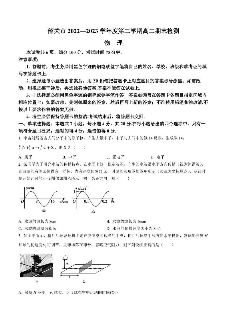 广东省韶关市2022-2023学年高二下学期期末物理试题01