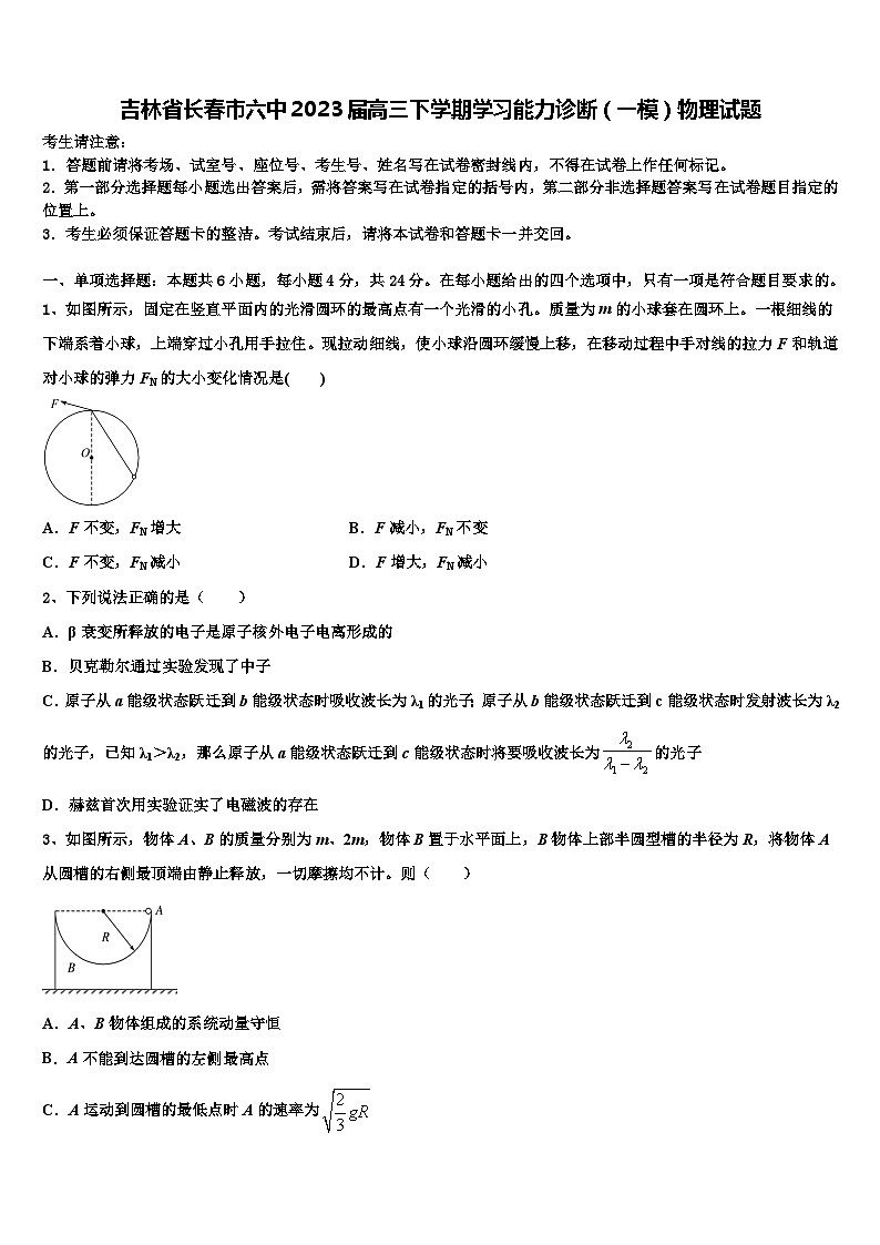 吉林省长春市六中2023届高三下学期学习能力诊断（一模）物理试题第1页