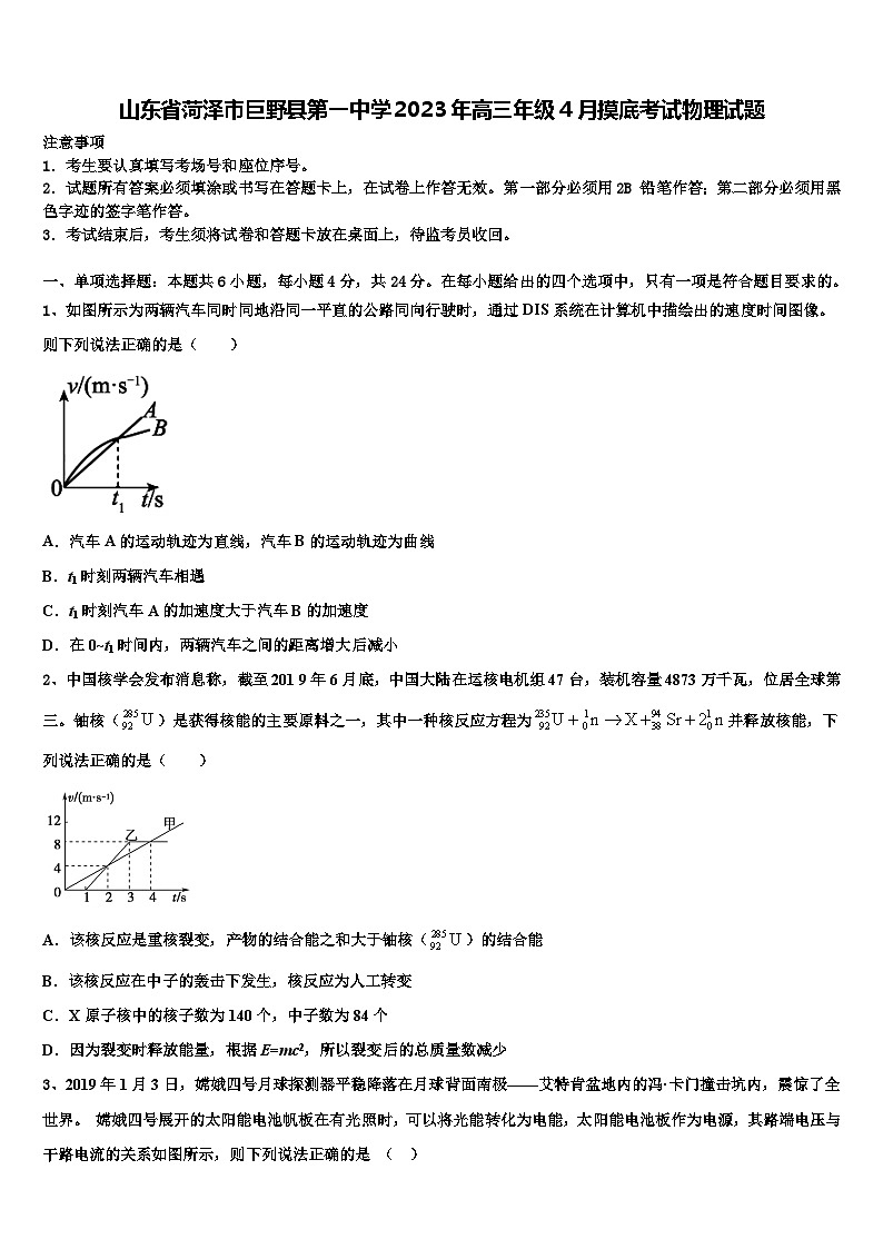 山东省菏泽市巨野县2023年高三年级4月摸底考试物理试题第1页
