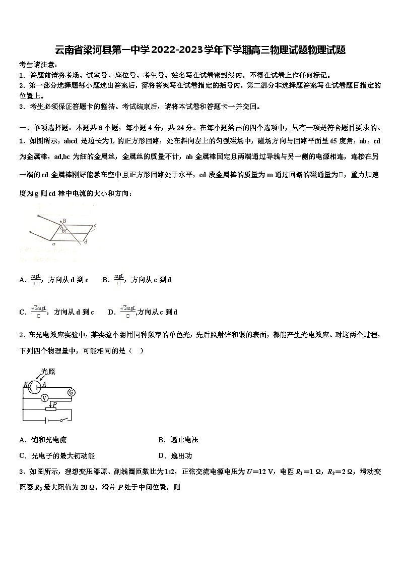 云南省梁河县2022-2023学年下学期高三物理试题物理试题01