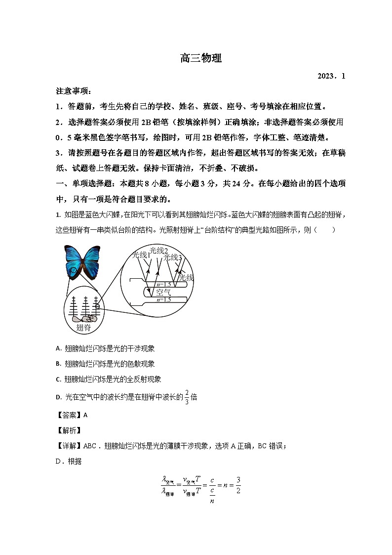 2022-2023学年山东省潍坊市高三上学期期末物理试题（解析版）01