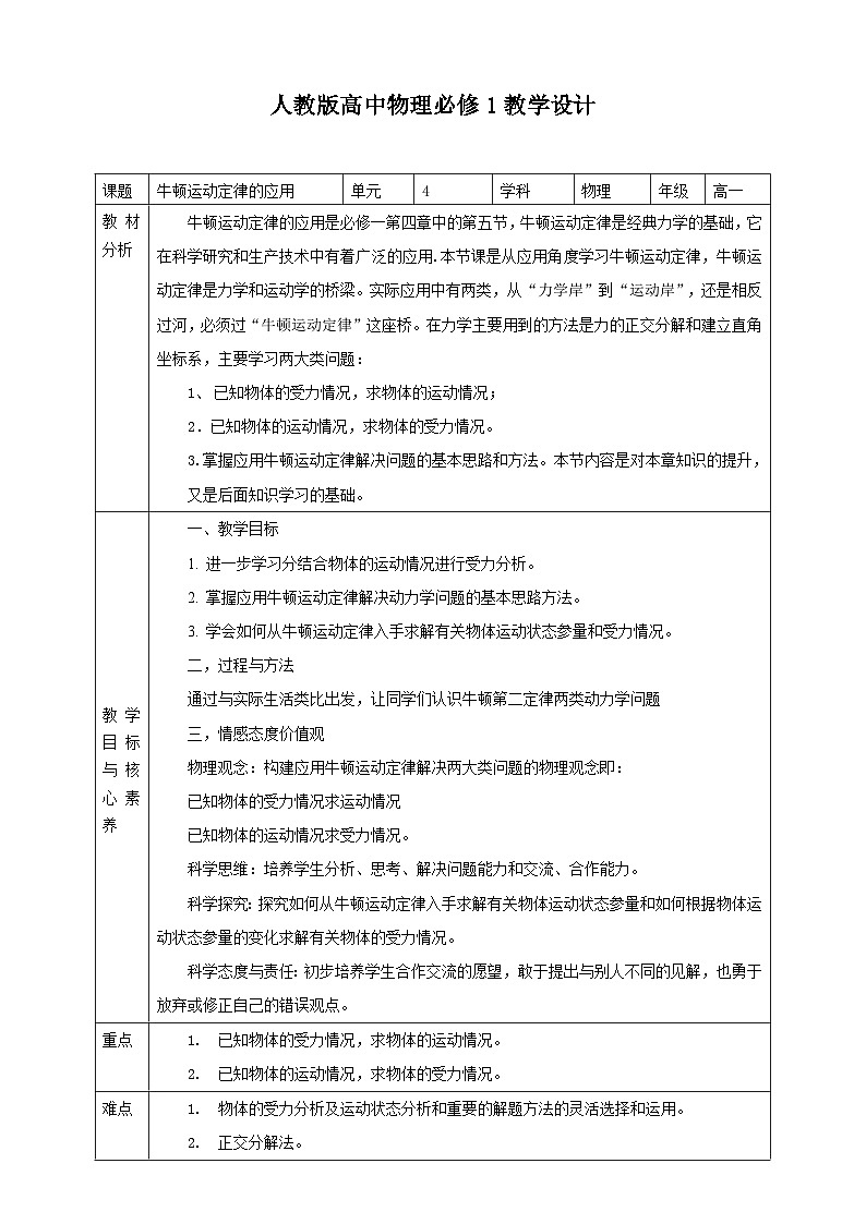 人教版高中物理必修一【4.5牛顿运动定律的应用】教案01