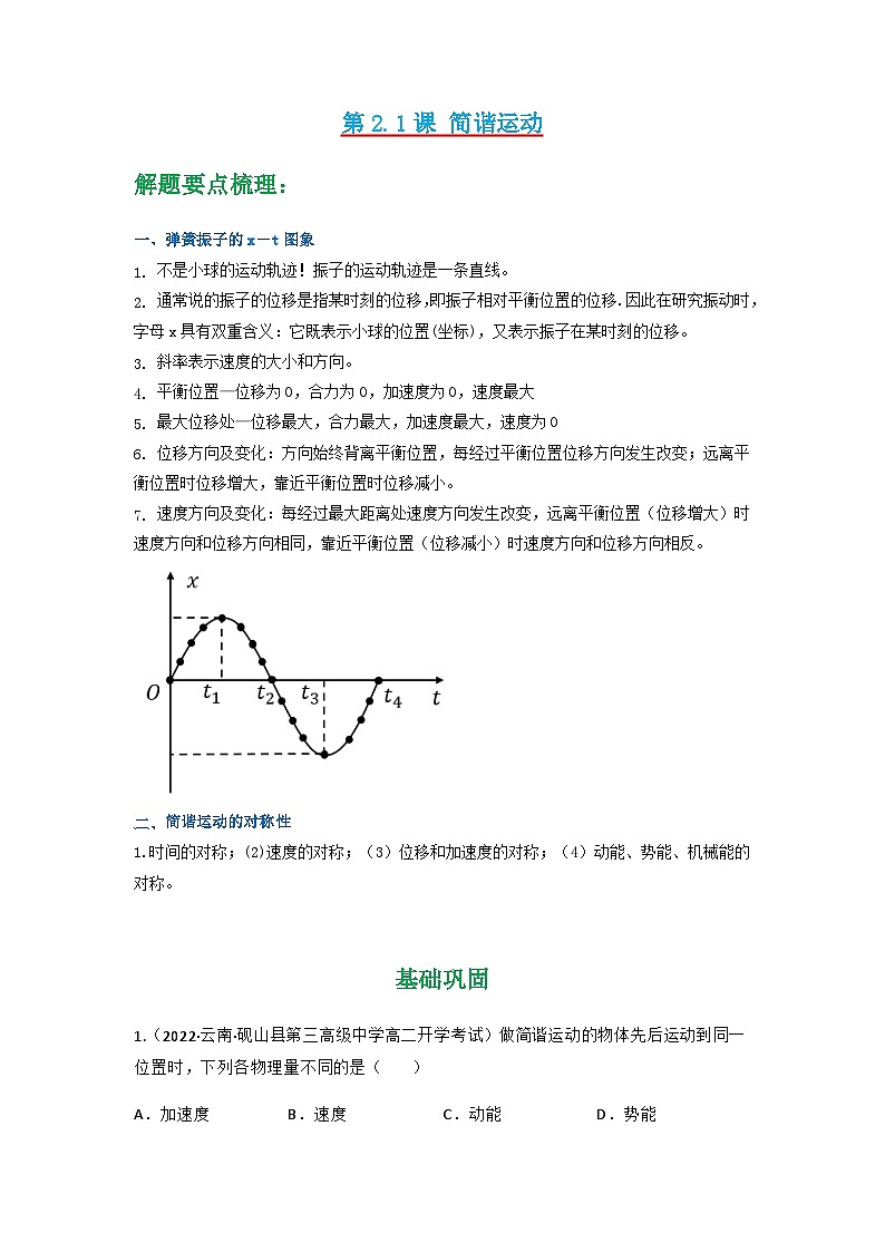 人教版物理选择性必修第一册 2.1 简谐运动+同步练习01