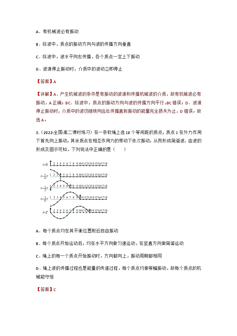 人教版物理选择性必修第一册 3.1 波的形成+同步练习02