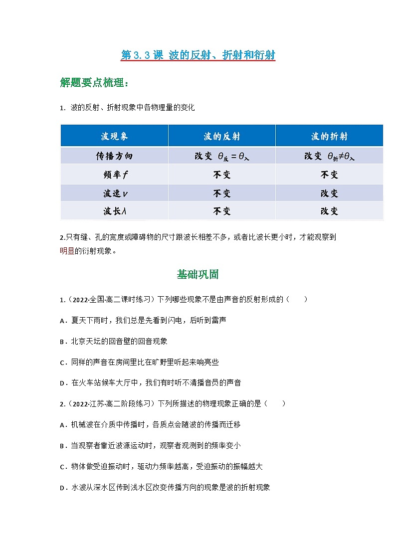 人教版物理选择性必修第一册 3.3 波的反射、折射和衍射+同步练习01