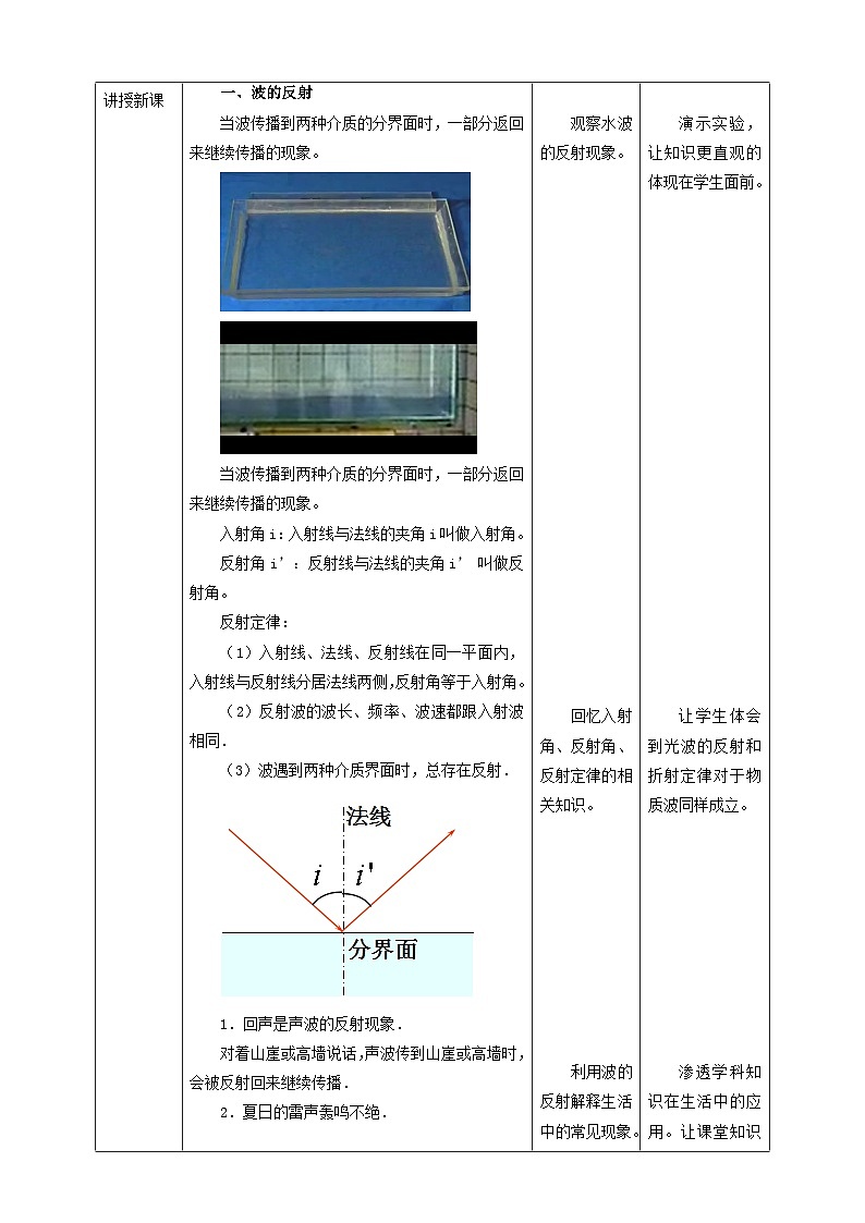 人教版高中物理选择性必修1第3章第3节 波的反射、折射和衍射教学设计02