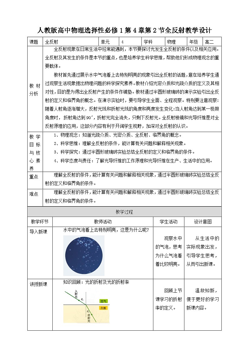 人教版高中物理选择性必修1第4章第2节全反射教学设计01