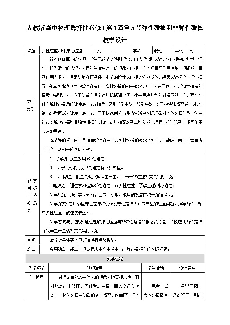 人教版高中物理选修一 1.5弹性碰撞和非弹性碰撞 课件+教案01