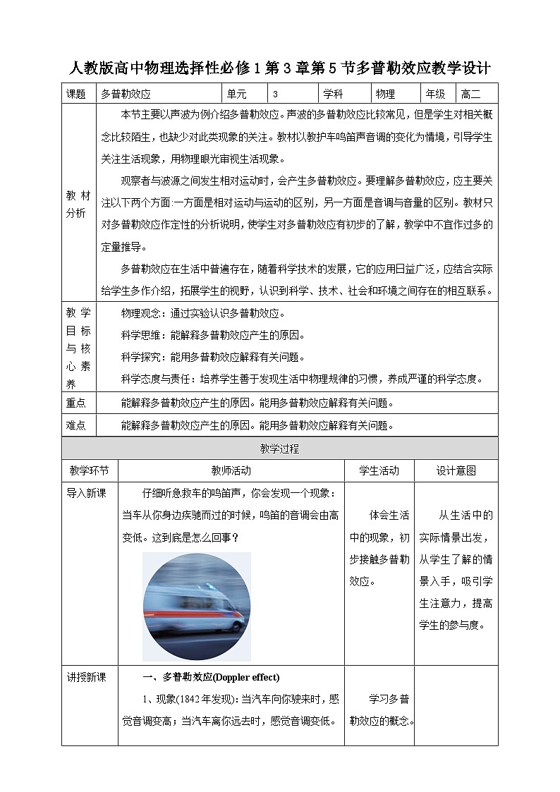 人教版高中物理选修一 3.5多普勒效应 课件+教案01