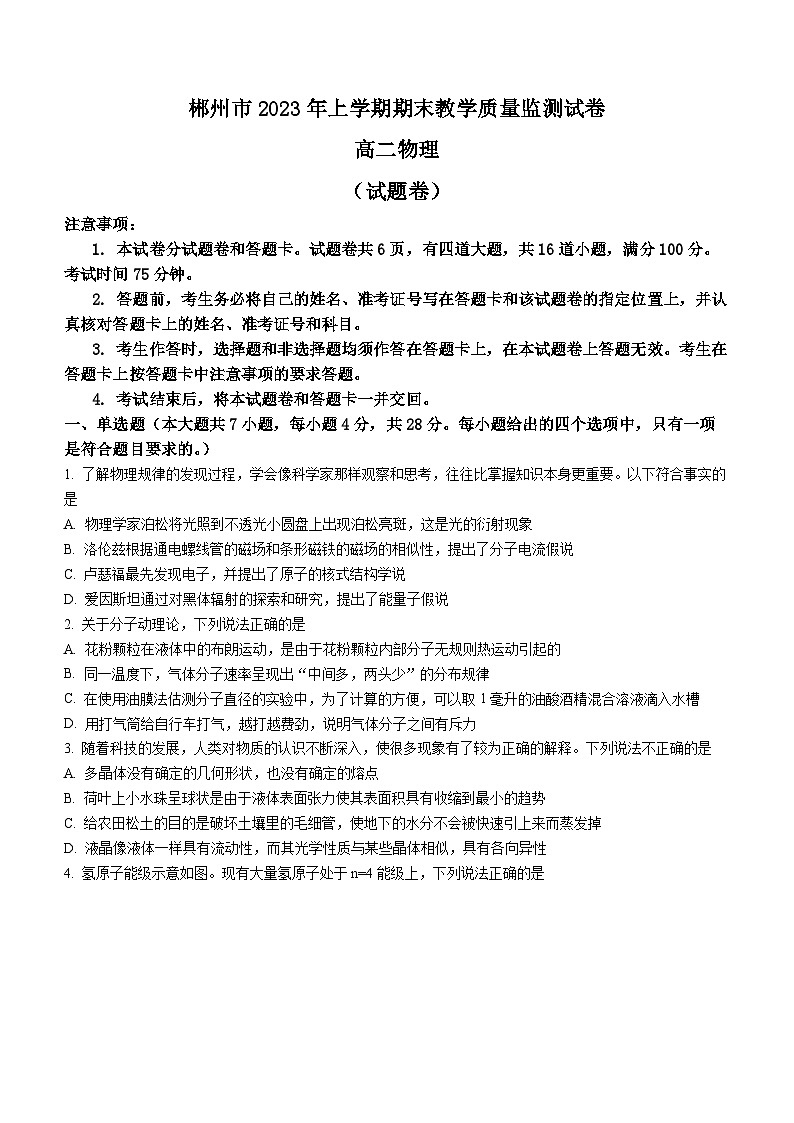 2023郴州高二下学期期末物理试题含答案第1页