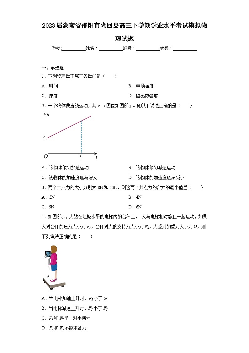 2023届湖南省邵阳市隆回县高三下学期学业水平考试模拟物理试题（含解析）第1页