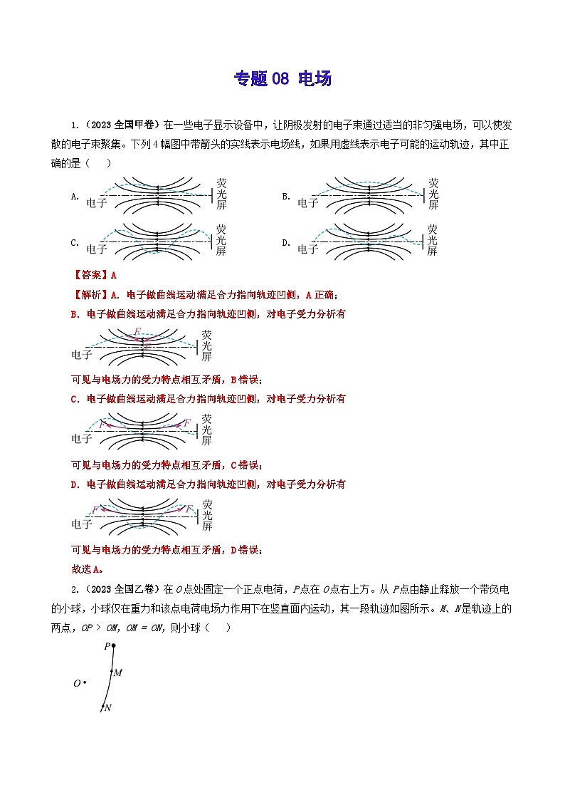2023年高考真题和模拟题物理分项汇编（全国通用）专题08 电场01