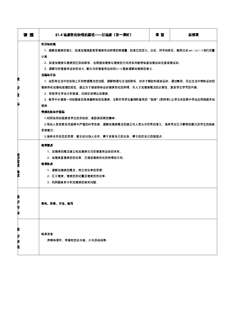 新人教版高中物理必修第一册1.4《速度变化快慢的描述—加速度》（1）课件+教案+任务单+练习01