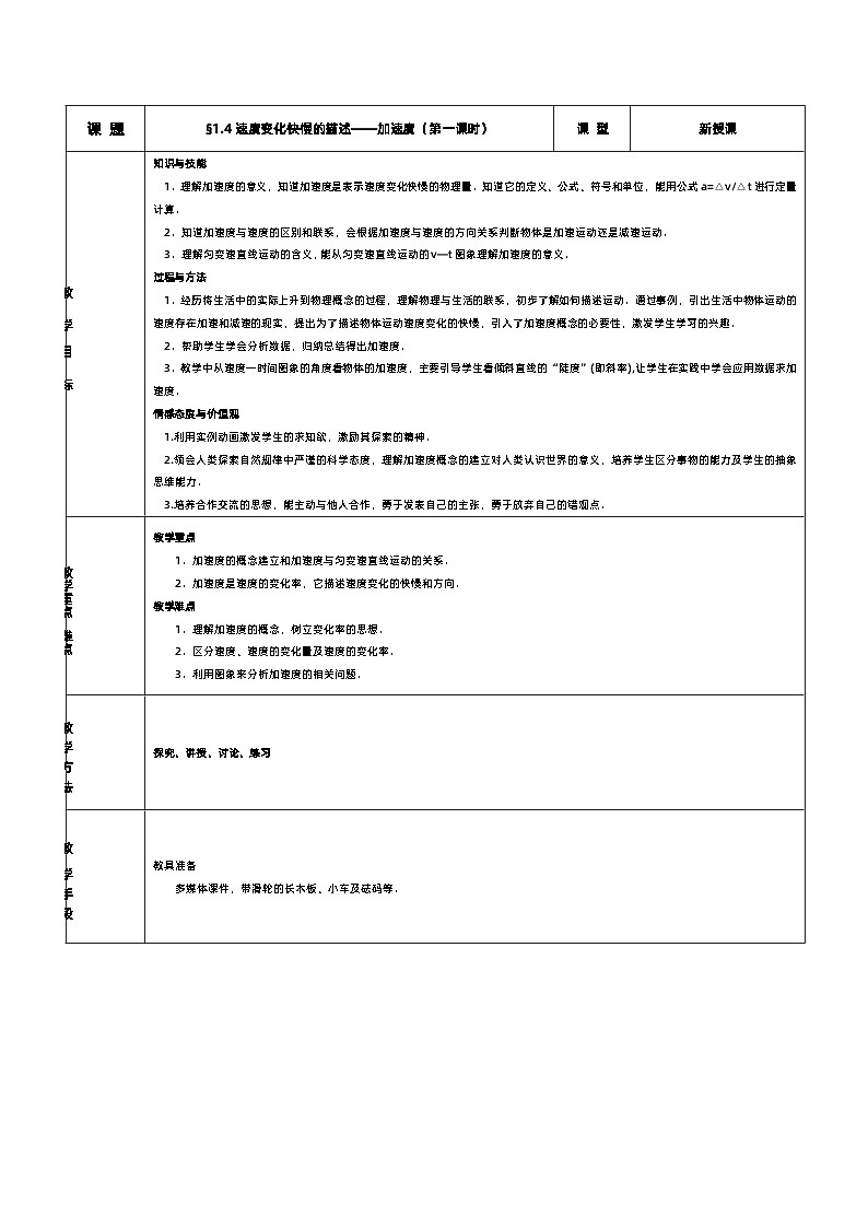 新人教版高中物理必修第一册1.4《速度变化快慢的描述—加速度》（1）课件+教案+任务单+练习01
