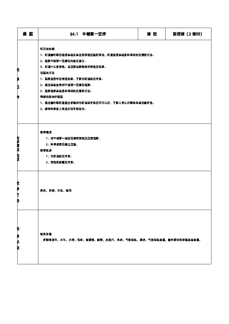 新人教版高中物理必修第一册4.1《牛顿第一定律》课件+教案+任务单+练习01