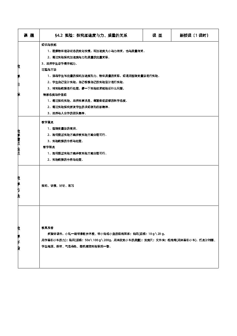 新人教版高中物理必修第一册4.2《实验：探究加速度与力、质量的关系》课件+教案+任务单+练习01