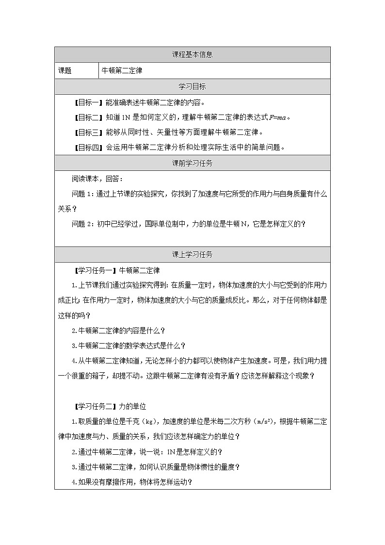 新人教版高中物理必修第一册4.3《牛顿第二定律》课件+教案+任务单+练习01
