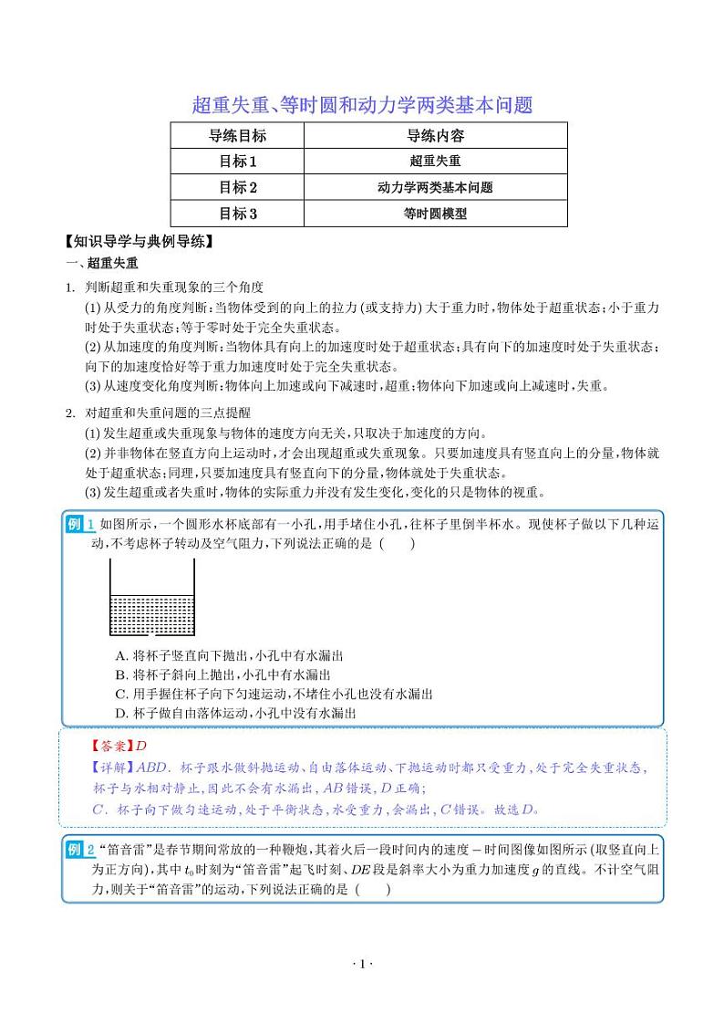 超重失重、等时圆和动力学两类基本问题——2024年高考物理一轮复习练习（解析版）01