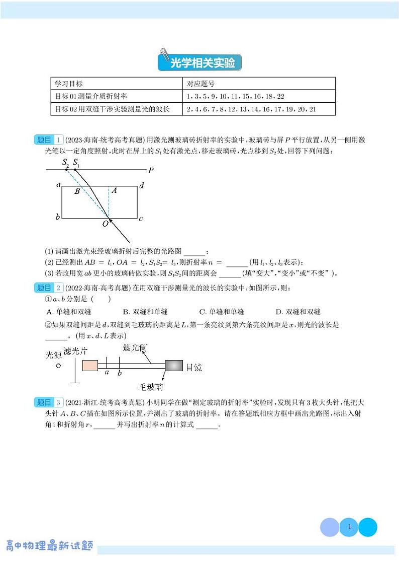 2024年高考物理实验重难点 光学相关实验（原卷版+解析版）01