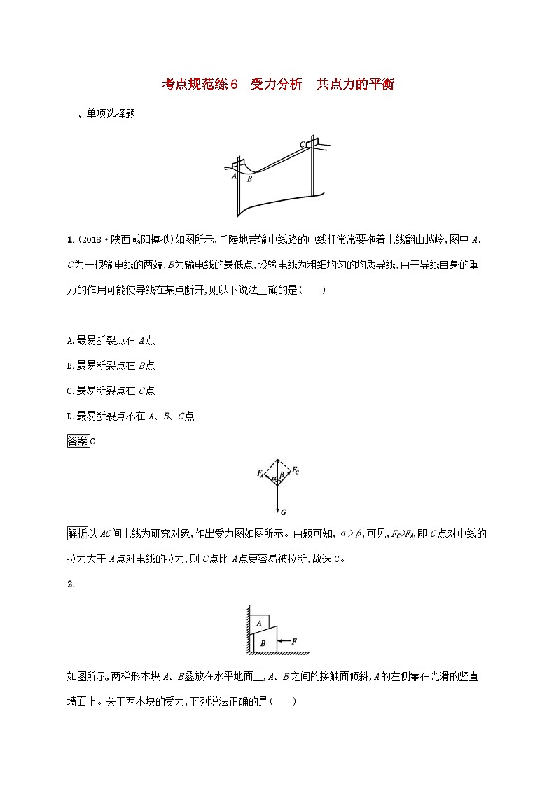 高考物理一轮复习考点规范练6受力分析共点力的平衡 人教版(含解析)01