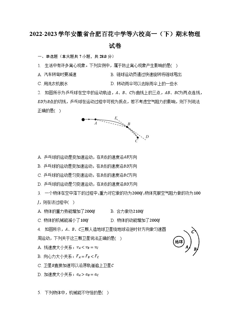 2022-2023学年安徽省合肥百花中学等六校高一（下）期末物理试卷（含解析）01
