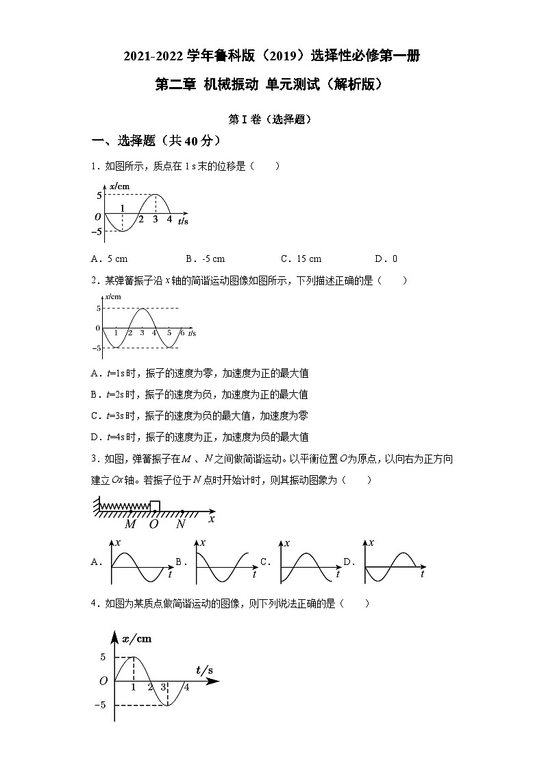 鲁科版2019 高中物理 选修一 第二章 机械振动 单元测试（word解析版）第1页