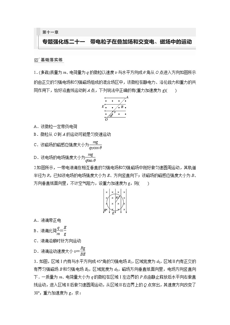 2024届高考物理新一轮复习专题强化试卷：第十一章 专题强化练二十一　带电粒子在叠加场和交变电、磁场中的运动01