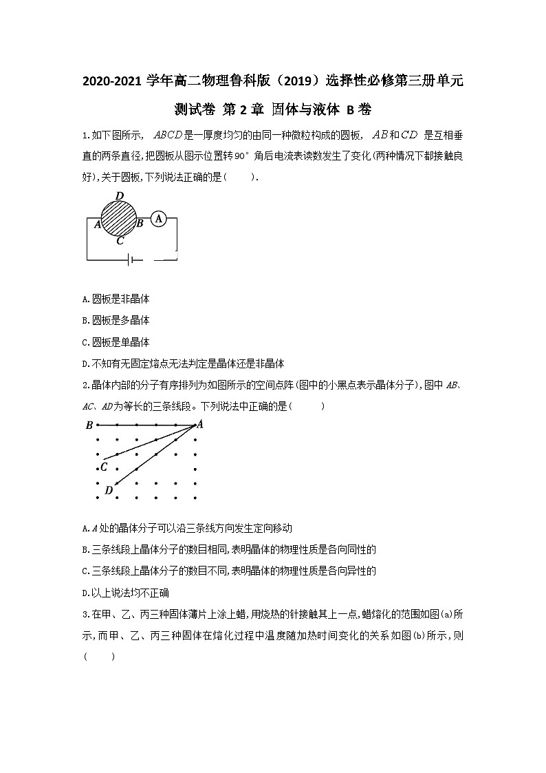 2020-2021学年高二物理鲁科版（2019）选择性必修第三册单元测试卷 第2章 固体与液体 B卷  Word版含解析第1页