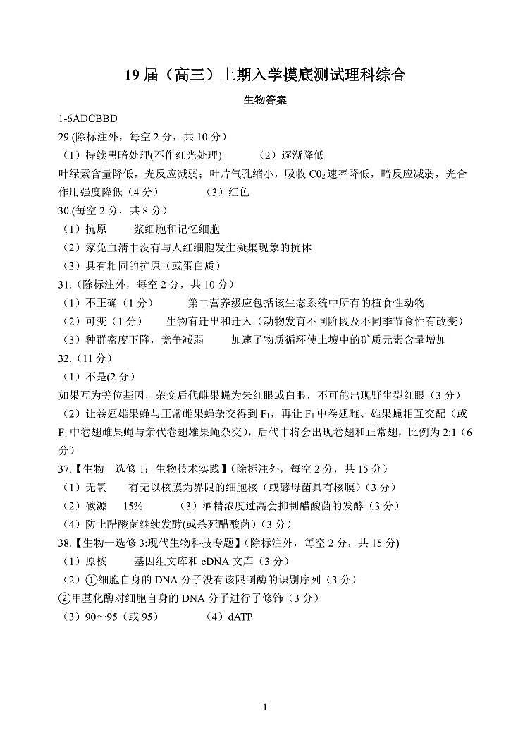 河南省郑州市第一中学2019届高三上学期入学摸底测试理科综合答案第1页